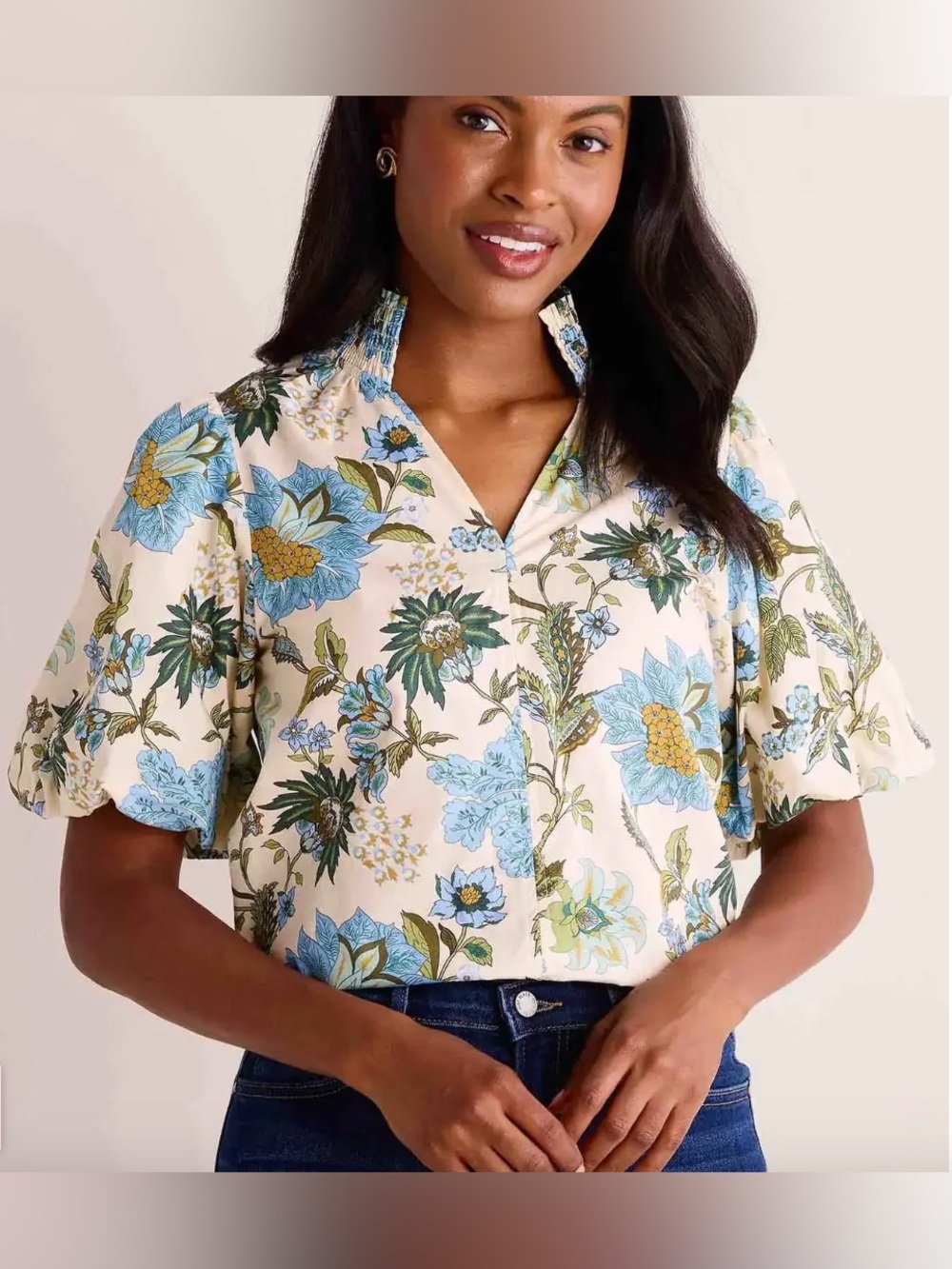 THML Avara Genevieve Floral Puff Sleeve Top XL Cream Blue NWT